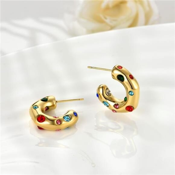 Multicolor Cubic Zirconia Huggie Hoop Earrings – 14K Gold Plated - Picture 2 of 5